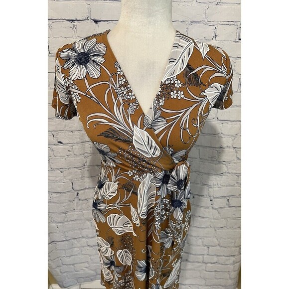 Robbie Bee Signature Petite Dress Caramel Brown, Blue & White Floral Women's PS - Picture 2 of 7